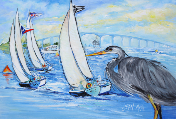 Picture of Carolines Treasures JMK1001PLMT Blue Heron Sailboats Dog River Bridge Fabric Placemat