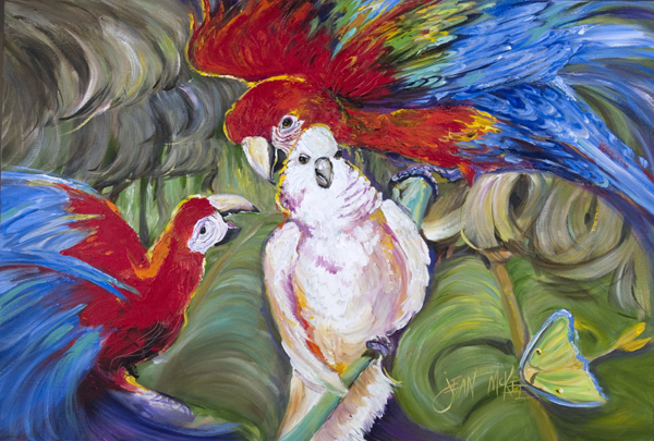 Picture of Carolines Treasures JMK1018PLMT Menage-A-Trois Parrots Fabric Placemat
