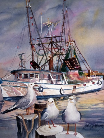 Sea Gulls And Shrimp Boats Flag Canvas House Size