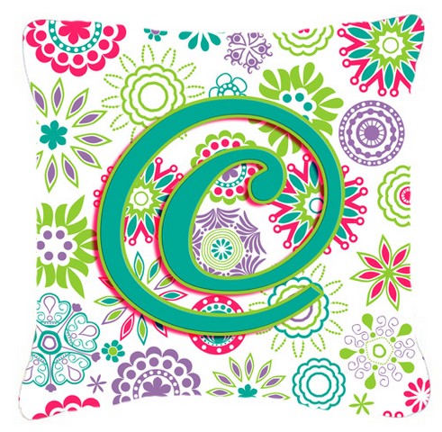 Letter C Flowers Pink Teal Green Initial Canvas Fabric Decorative Pillow