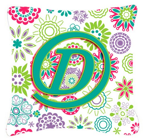 Letter D Flowers Pink Teal Green Initial Canvas Fabric Decorative Pillow