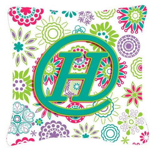 Letter H Flowers Pink Teal Green Initial Canvas Fabric Decorative Pillow