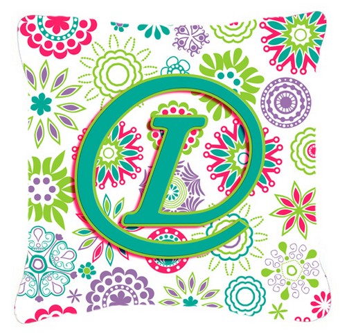 Letter L Flowers Pink Teal Green Initial Canvas Fabric Decorative Pillow - Pink Teal Green - 14 L x 3 W x 14 H in.