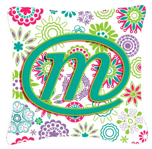 Letter M Flowers Pink Teal Green Initial Canvas Fabric Decorative Pillow