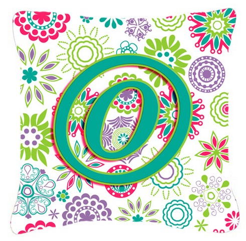 Letter O Flowers Pink Teal Green Initial Canvas Fabric Decorative Pillow