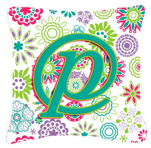 Letter P Flowers Pink Teal Green Initial Canvas Fabric Decorative Pillow