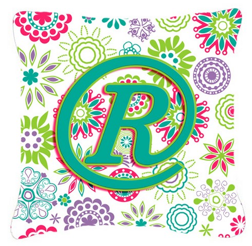 Letter R Flowers Pink Teal Green Initial Canvas Fabric Decorative Pillow