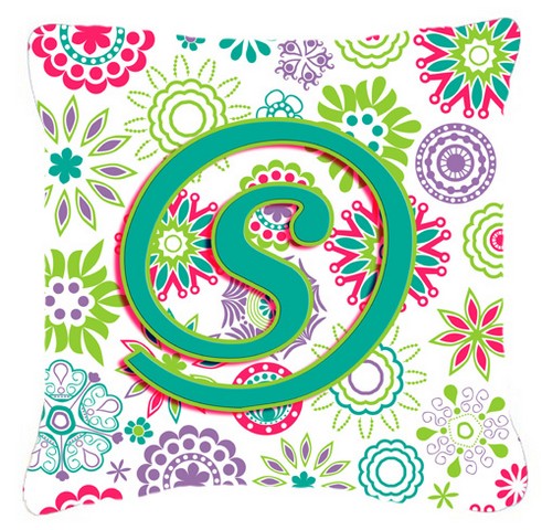 Letter S Flowers Pink Teal Green Initial Canvas Fabric Decorative Pillow