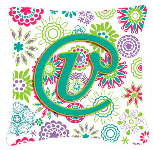 Letter V Flowers Pink Teal Green Initial Canvas Fabric Decorative Pillow