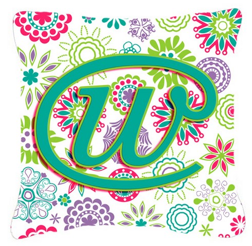 Letter W Flowers Pink Teal Green Initial Canvas Fabric Decorative Pillow
