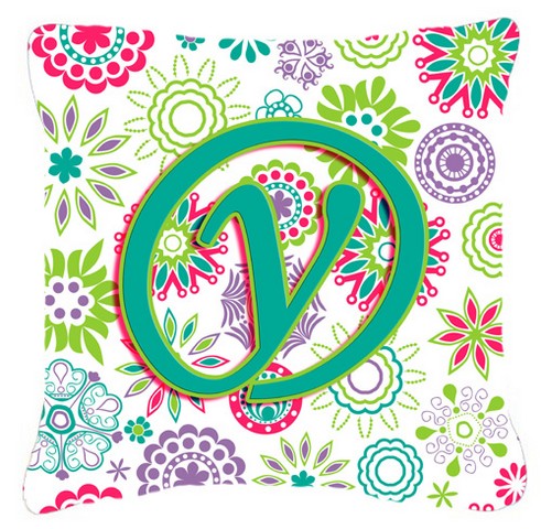 Letter Y Flowers Pink Teal Green Initial Canvas Fabric Decorative Pillow