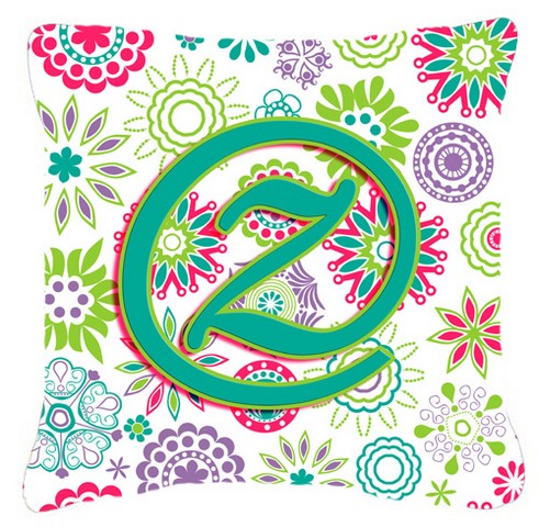 Letter Z Flowers Pink Teal Green Initial Canvas Fabric Decorative Pillow
