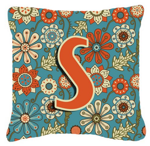 Letter S Flowers Retro Blue Canvas Fabric Decorative Pillow