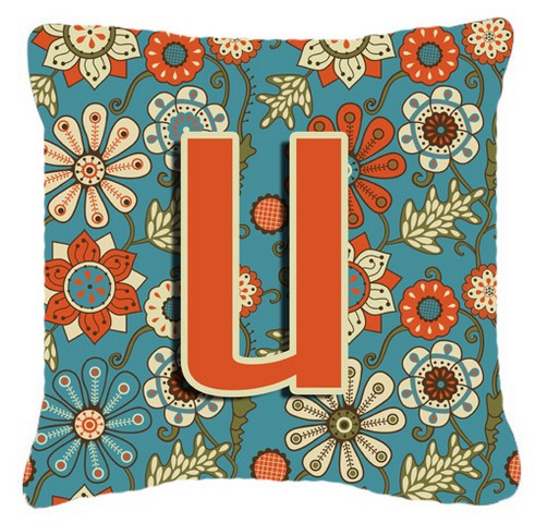Letter U Flowers Retro Blue Canvas Fabric Decorative Pillow