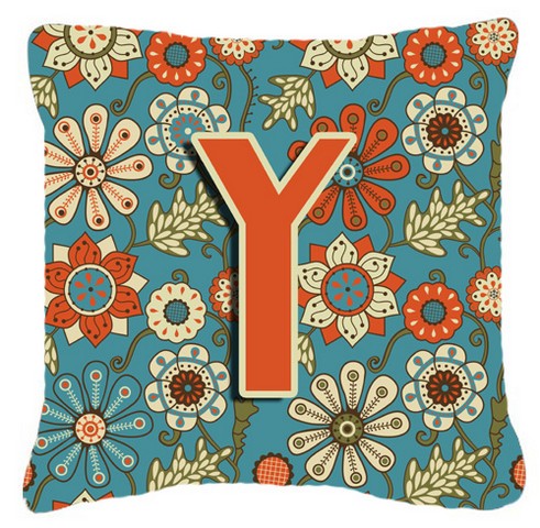Letter Y Flowers Retro Blue Canvas Fabric Decorative Pillow