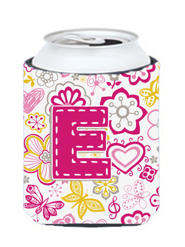CJ2005-ECC Letter E Flowers And Butterflies Pink Can & Bottle Hugger