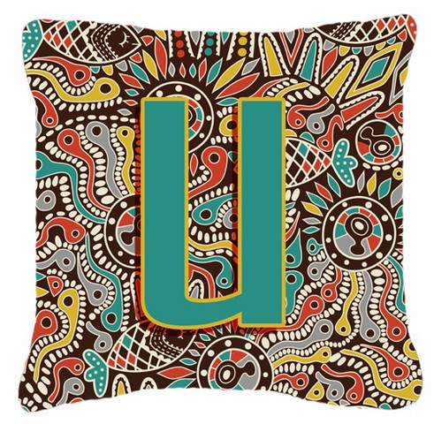 Letter U Retro Tribal Alphabet Initial Canvas Fabric Decorative Pillow