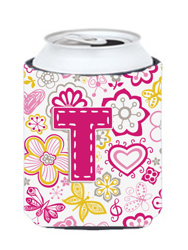 Letter T Flowers And Butterflies Pink Can & Bottle Hugger
