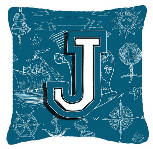 Letter J Sea Doodles Initial Alphabet Canvas Fabric Decorative Pillow