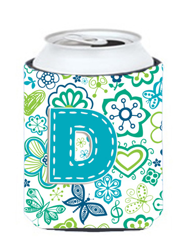 Letter D Flowers And Butterflies Teal Blue Can & Bottle Hugger - Teal Blue