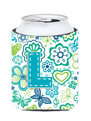 Letter L Flowers And Butterflies Teal Blue Can & Bottle Hugger