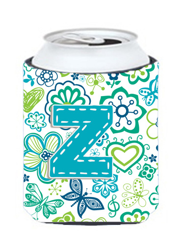 Letter Z Flowers And Butterflies Teal Blue Can & Bottle Hugger