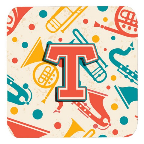 CJ2001-TFC Letter T Retro Teal Orange Musical Instruments Initial Foam Coasters- Set Of 4