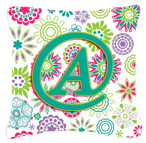 Letter A Flowers Pink Teal Green Initial Canvas Fabric Decorative Pillow