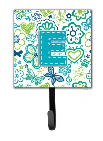 CJ2006-ESH4 Letter E Flowers And Butterflies Teal Blue Leash & Key Holder