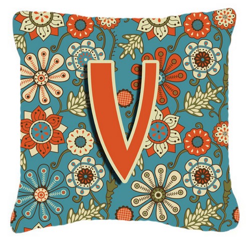 Letter V Flowers Retro Blue Canvas Fabric Decorative Pillow