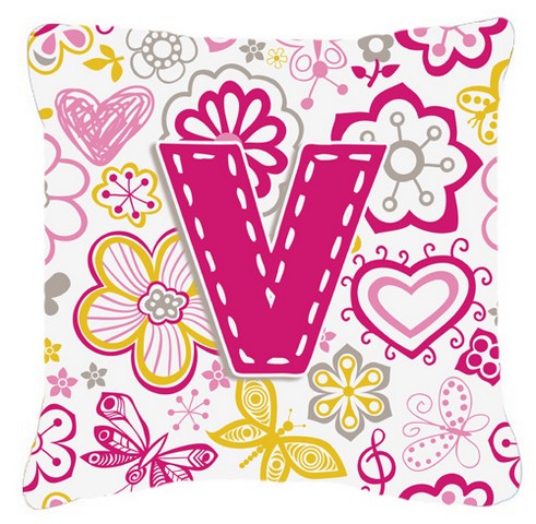 Letter V Flowers And Butterflies Pink Canvas Fabric Decorative Pillow - Pink - 14 L x 3 W x 14 H in.