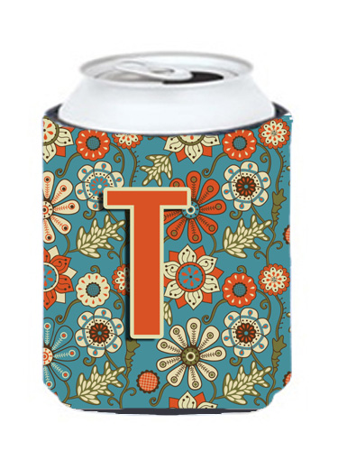 CJ2012-TCC Letter T Flowers Retro Blue Can & Bottle Hugger