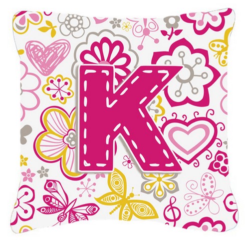 Letter K Flowers And Butterflies Pink Canvas Fabric Decorative Pillow - Pink - 14 L x 3 W x 14 H in.