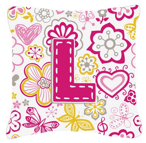 Letter L Flowers And Butterflies Pink Canvas Fabric Decorative Pillow - Pink - 14 L x 3 W x 14 H in.