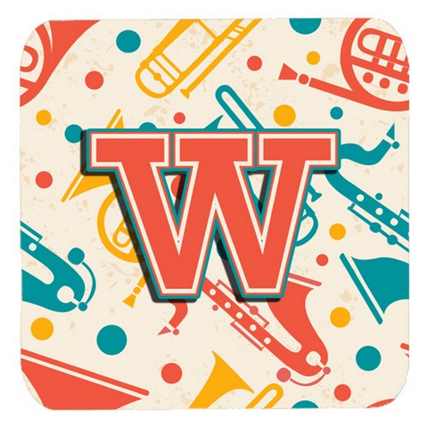 CJ2001-WFC Letter W Retro Teal Orange Musical Instruments Initial Foam Coasters- Set Of 4