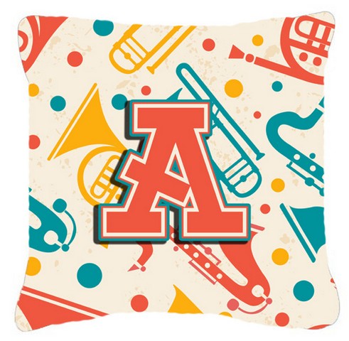 Letter A Retro Teal Orange Musical Instruments Initial Canvas Fabric Decorative Pillow