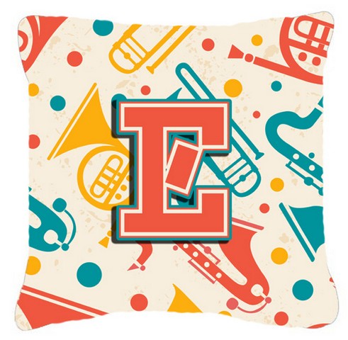 Letter E Retro Teal Orange Musical Instruments Initial Canvas Fabric Decorative Pillow