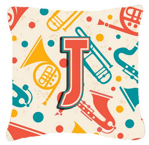 Letter J Retro Teal Orange Musical Instruments Initial Canvas Fabric Decorative Pillow