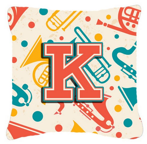 Letter K Retro Teal Orange Musical Instruments Initial Canvas Fabric Decorative Pillow