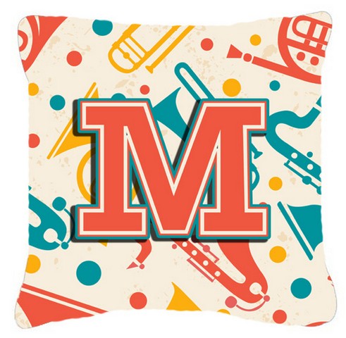 Letter M Retro Teal Orange Musical Instruments Initial Canvas Fabric Decorative Pillow