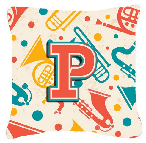 Letter P Retro Teal Orange Musical Instruments Initial Canvas Fabric Decorative Pillow