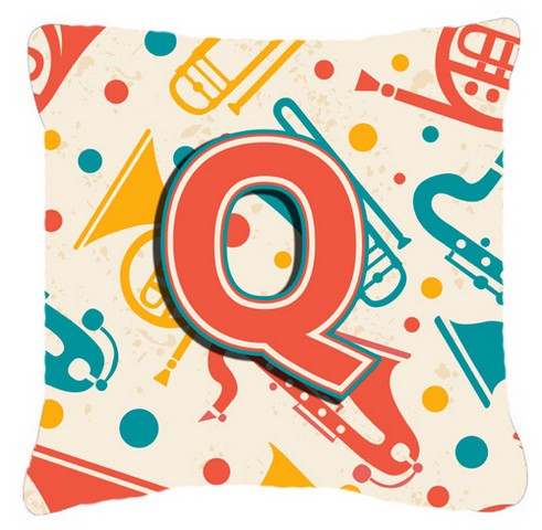 Letter Q Retro Teal Orange Musical Instruments Initial Canvas Fabric Decorative Pillow