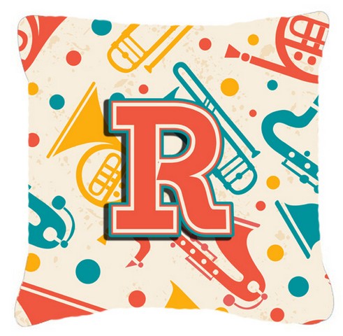 Letter R Retro Teal Orange Musical Instruments Initial Canvas Fabric Decorative Pillow