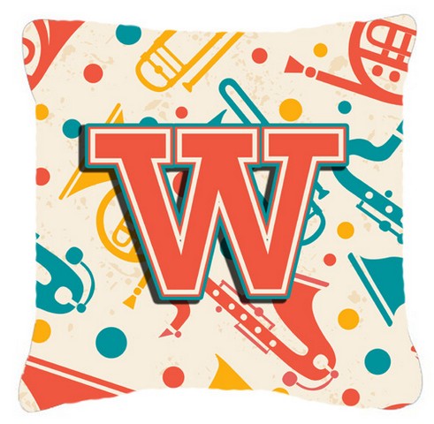 Letter W Retro Teal Orange Musical Instruments Initial Canvas Fabric Decorative Pillow
