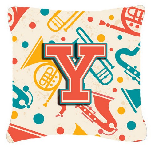 Letter Y Retro Teal Orange Musical Instruments Initial Canvas Fabric Decorative Pillow