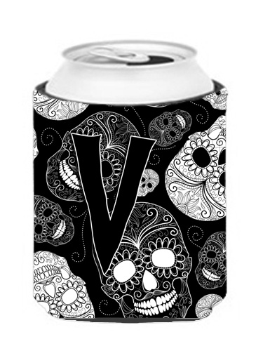 CJ2008-VCC Letter V Day Of The Dead Skulls Black Can & Bottle Hugger