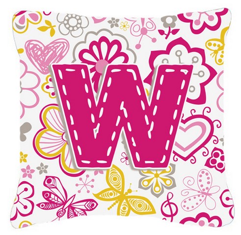 Letter W Flowers And Butterflies Pink Canvas Fabric Decorative Pillow - Pink - 14 L x 3 W x 14 H in.
