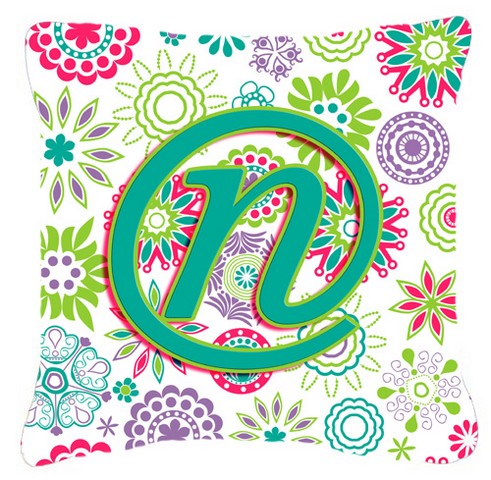 Letter N Flowers Pink Teal Green Initial Canvas Fabric Decorative Pillow