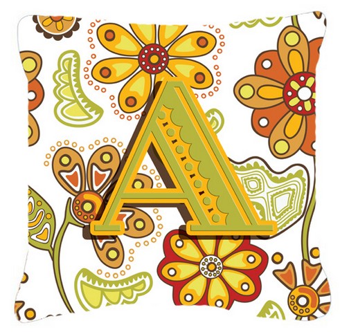 Letter A Floral Mustard And Green Canvas Fabric Decorative Pillow