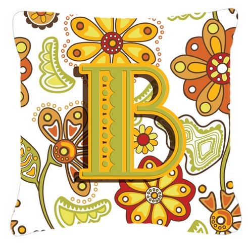 Letter B Floral Mustard And Green Canvas Fabric Decorative Pillow
